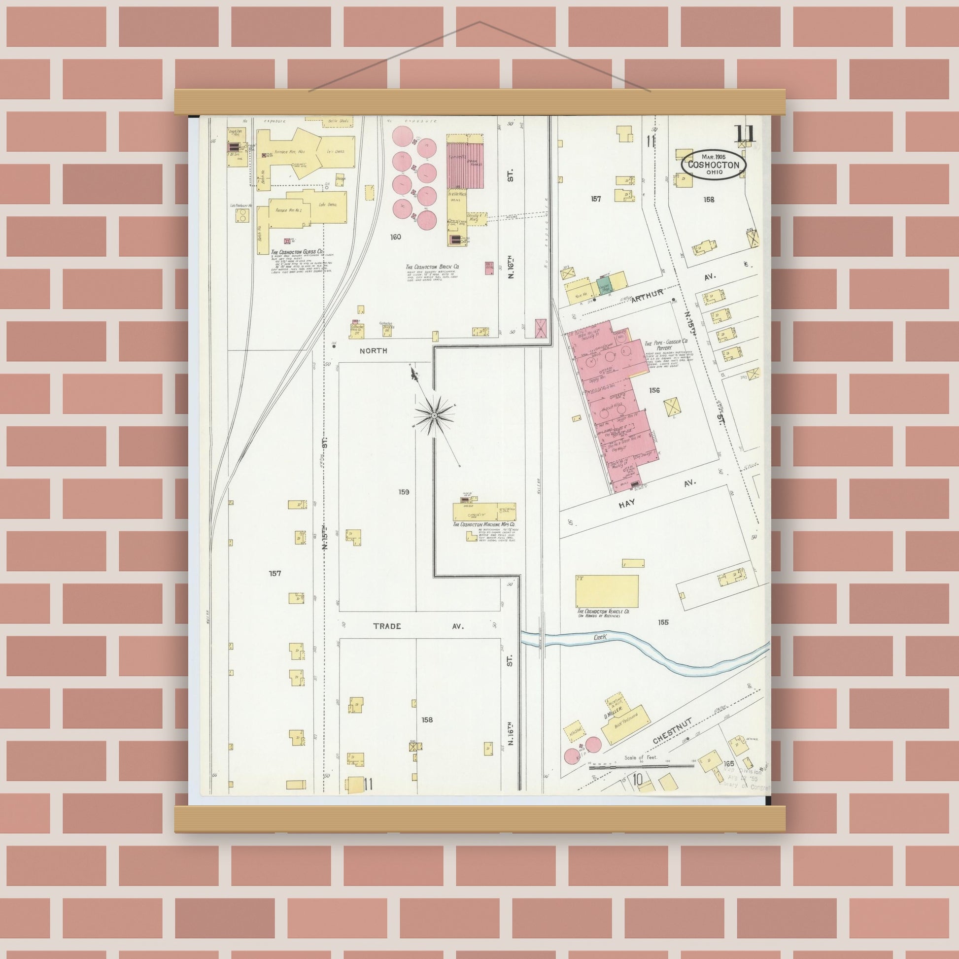 Old map wall art mockup — magnetic wood frame on brick wall — Sanborn Fire Insurance Map from Coshocton, Coshocton County, Ohio (1905), Sheet #0011