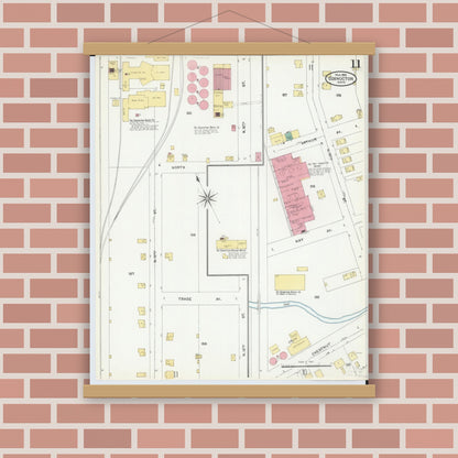 Old map wall art mockup — magnetic wood frame on brick wall — Sanborn Fire Insurance Map from Coshocton, Coshocton County, Ohio (1905), Sheet #0011
