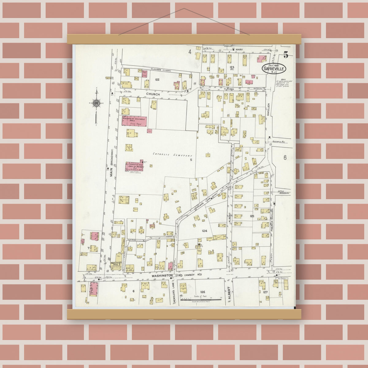 Old map wall art mockup — magnetic wood frame on brick wall — Sanborn Fire Insurance Map from Sayreville, Middlesex County, New Jersey (1920), Sheet #0005