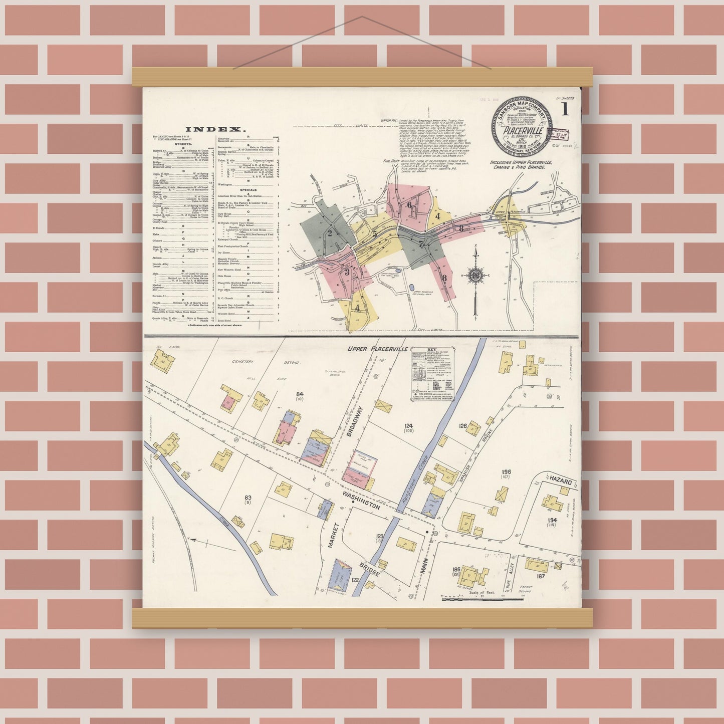 Old map wall art mockup — magnetic wood frame on brick wall — Sanborn Fire Insurance Map from Placerville, El Dorado County, California (1910) - Complete Map Set