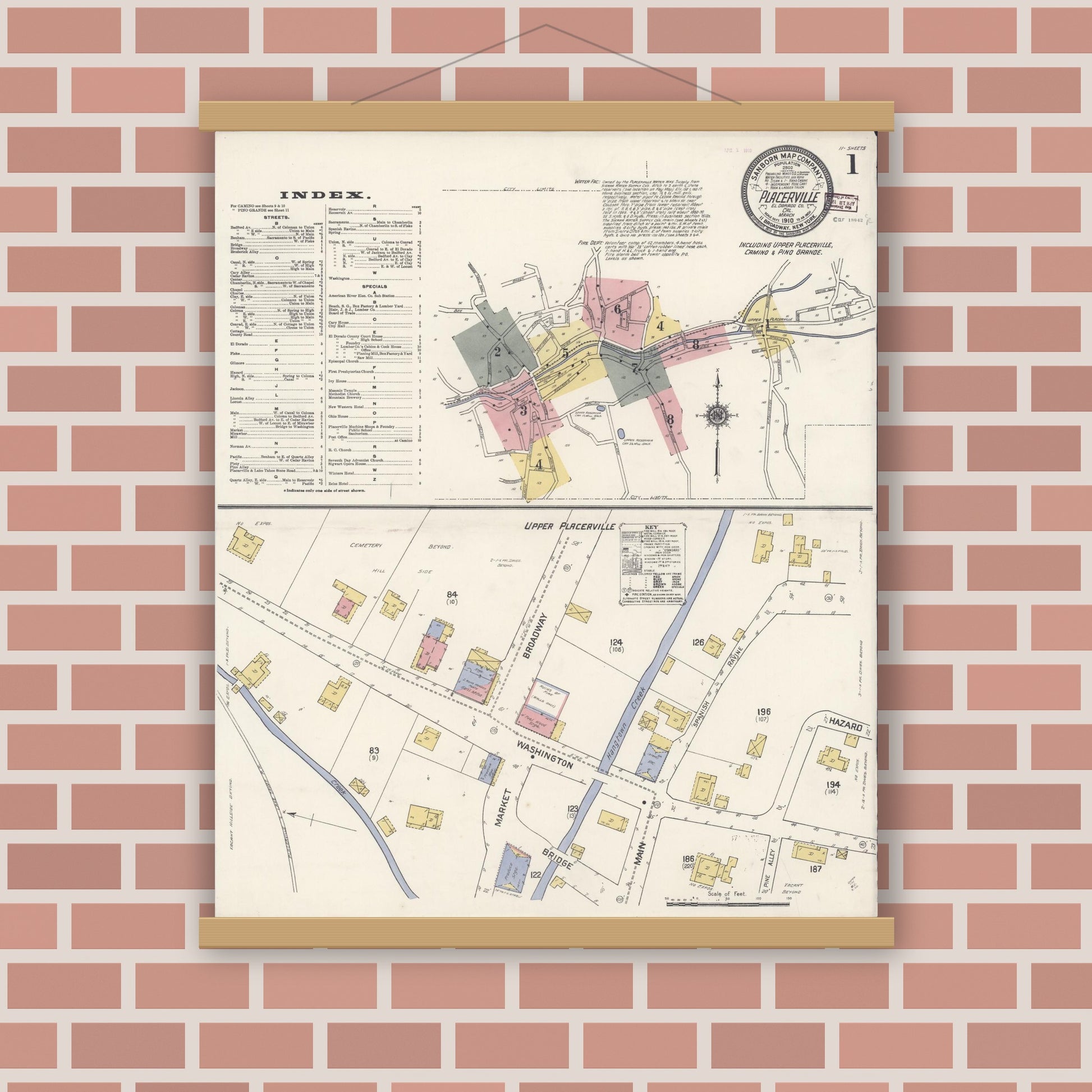 Old map wall art mockup — magnetic wood frame on brick wall — Sanborn Fire Insurance Map from Placerville, El Dorado County, California (1910) - Complete Map Set