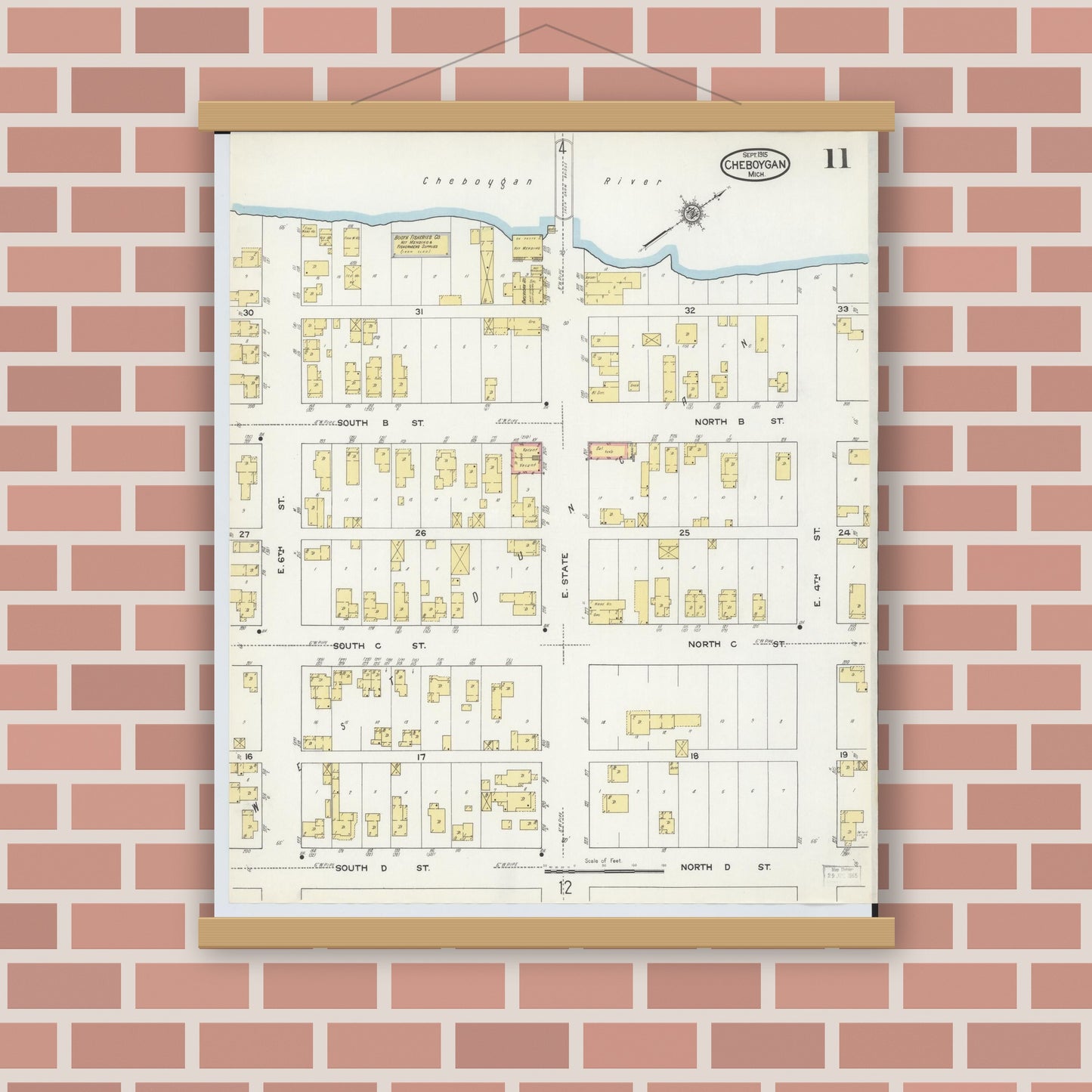 Old map wall art mockup — magnetic wood frame on brick wall — Sanborn Fire Insurance Map from Cheboygan, Cheboygan County, Michigan (1915), Sheet #0011