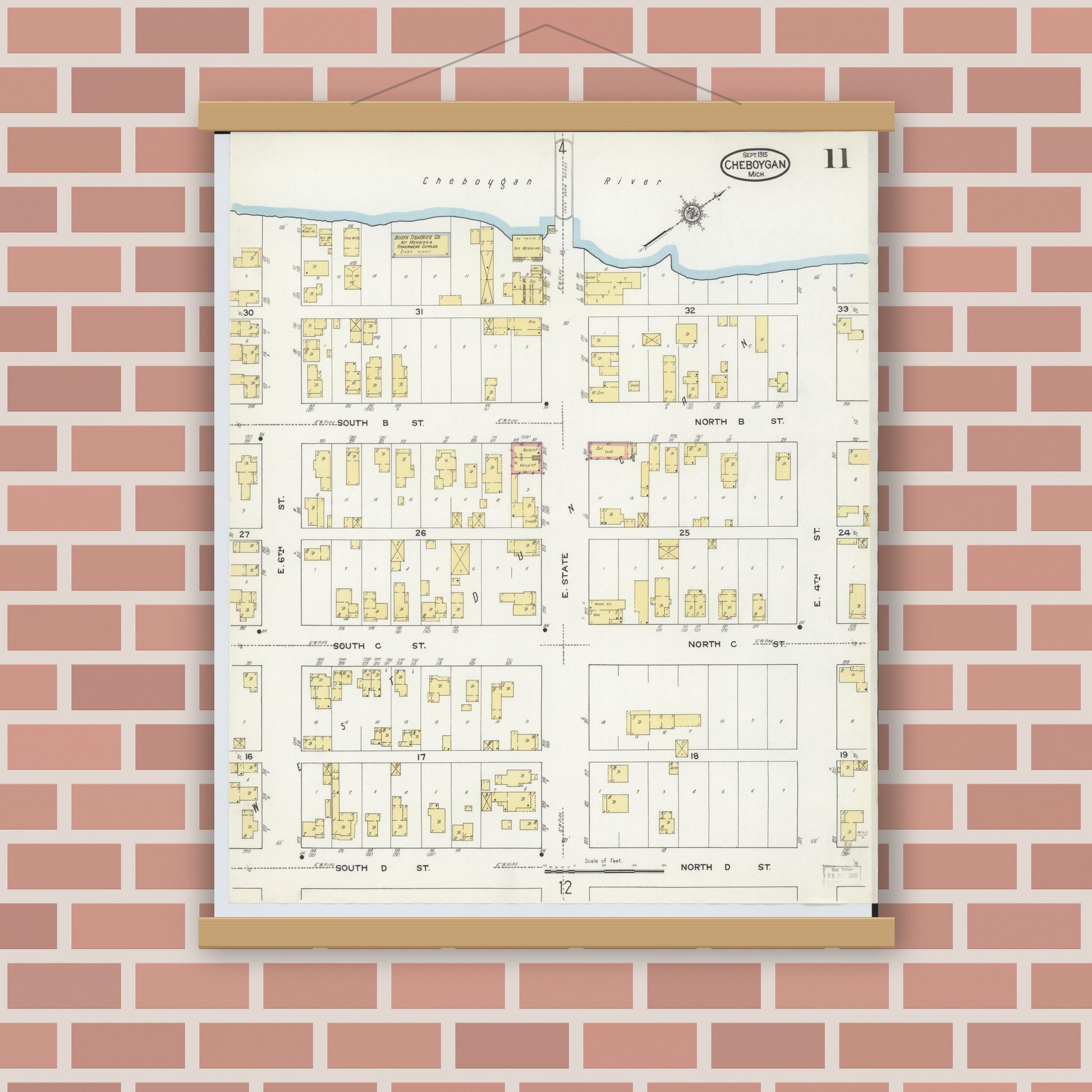 Old map wall art mockup — magnetic wood frame on brick wall — Sanborn Fire Insurance Map from Cheboygan, Cheboygan County, Michigan (1915), Sheet #0011
