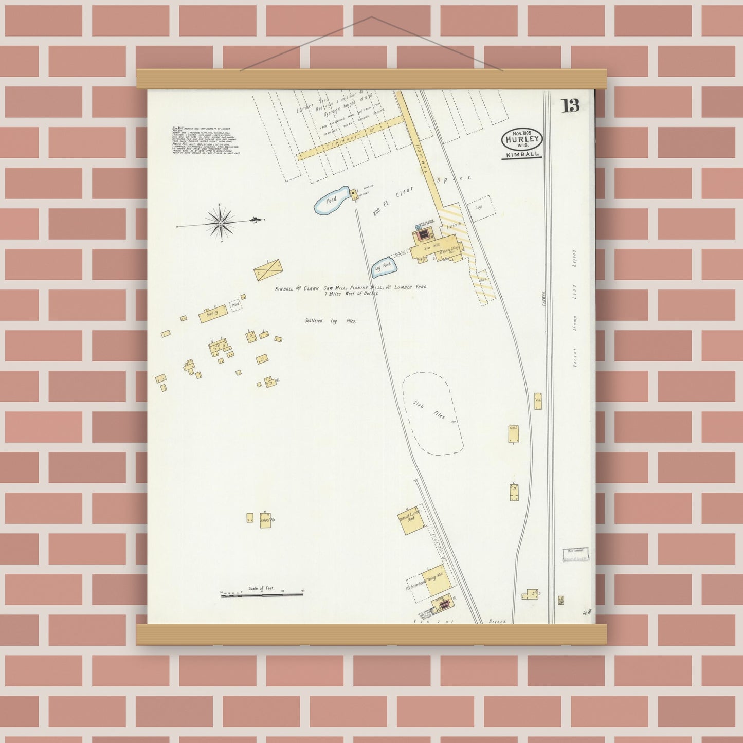 Old map wall art mockup — magnetic wood frame on brick wall — Sanborn Fire Insurance Map from Hurley, Iron County, Wisconsin (1905), Sheet #0013