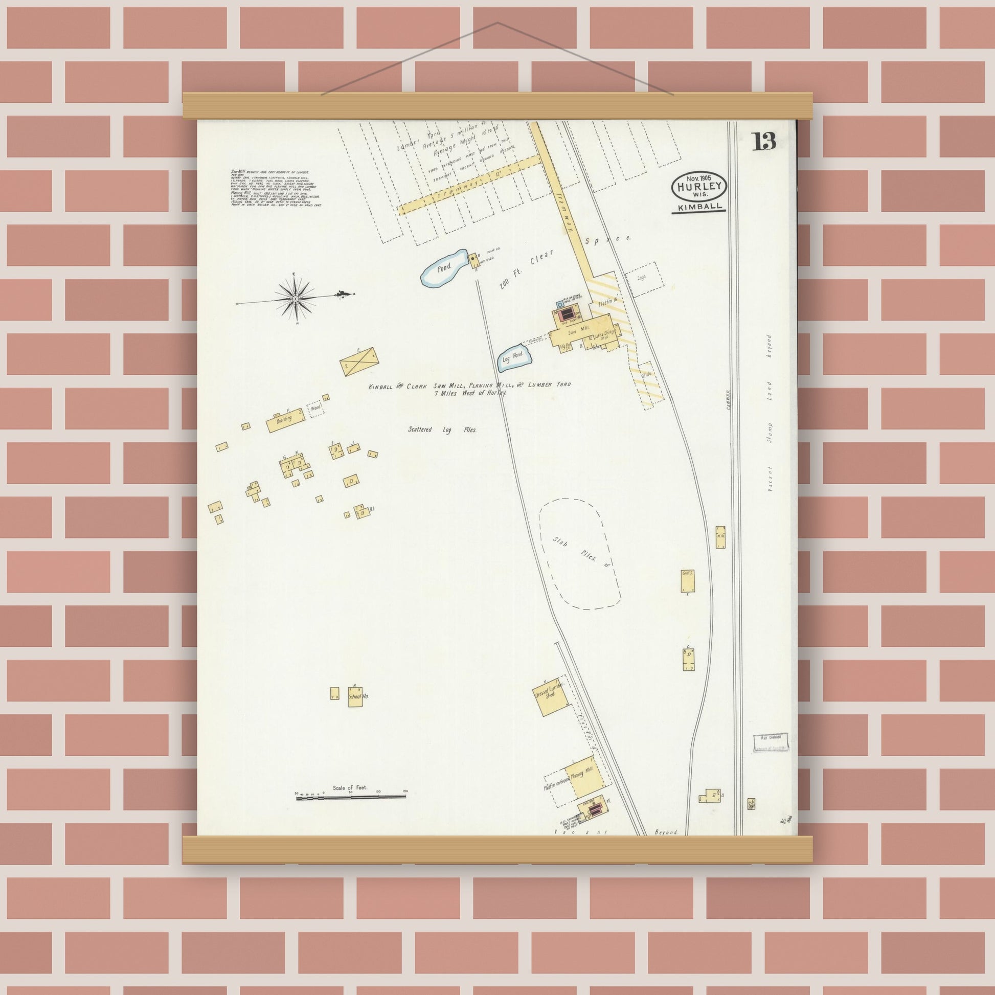 Old map wall art mockup — magnetic wood frame on brick wall — Sanborn Fire Insurance Map from Hurley, Iron County, Wisconsin (1905), Sheet #0013