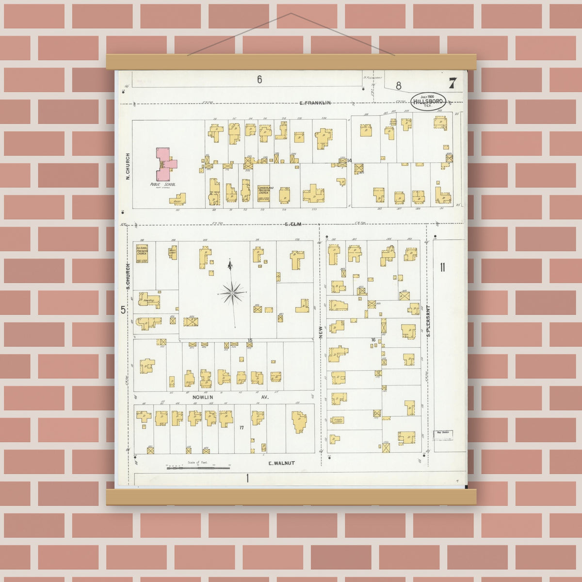 Old map wall art mockup — magnetic wood frame on brick wall — Sanborn Fire Insurance Map from Hillsboro, Hill County, Texas (1900), Sheet #0007