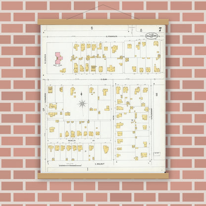Old map wall art mockup — magnetic wood frame on brick wall — Sanborn Fire Insurance Map from Hillsboro, Hill County, Texas (1900), Sheet #0007