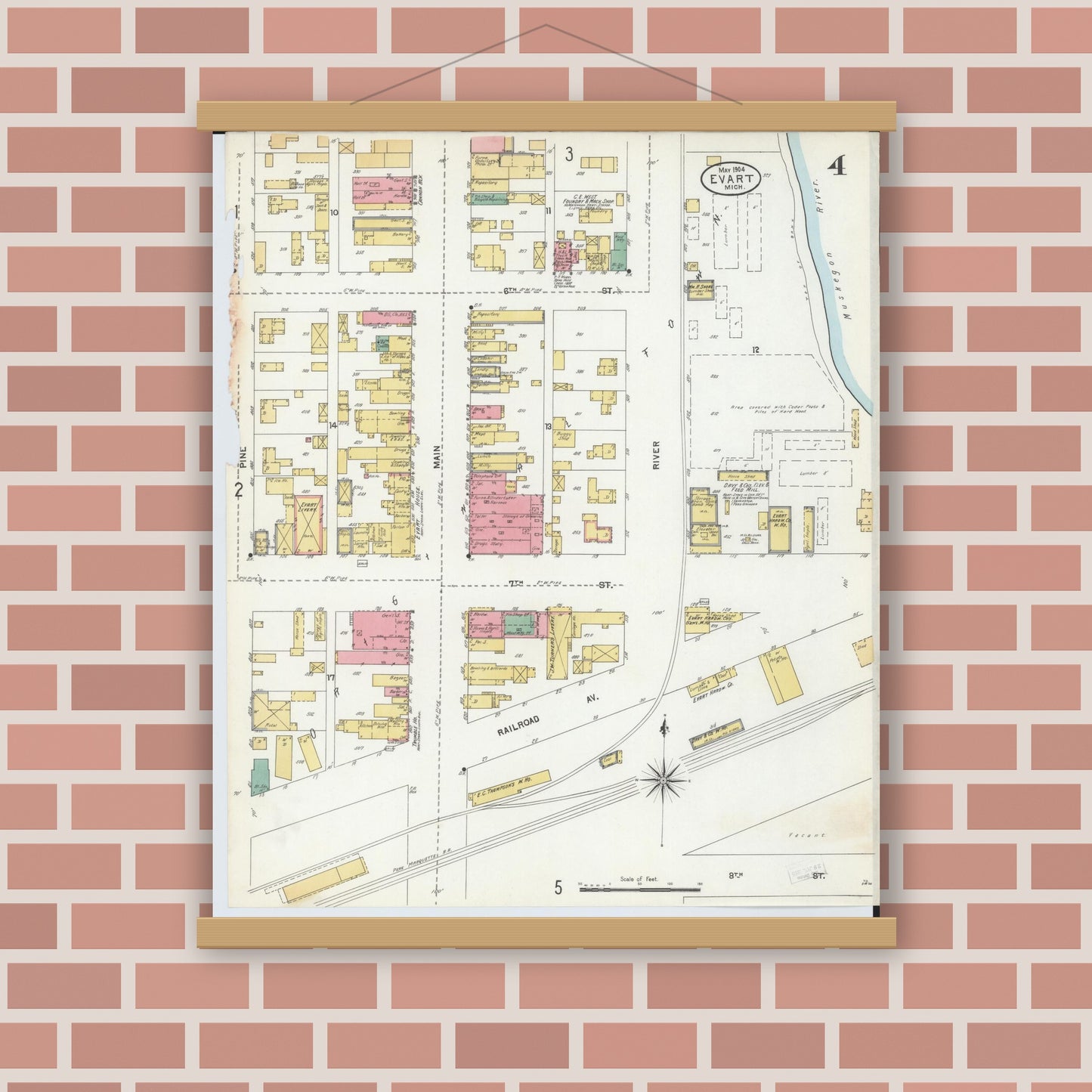 Old map wall art mockup — magnetic wood frame on brick wall — Sanborn Fire Insurance Map from Evart, Osceola County, Michigan (1904), Sheet #0004