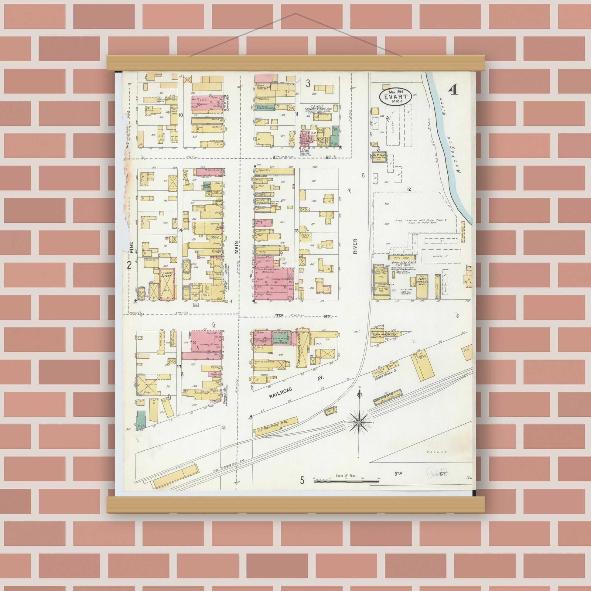 Old map wall art mockup — magnetic wood frame on brick wall — Sanborn Fire Insurance Map from Evart, Osceola County, Michigan (1904), Sheet #0004