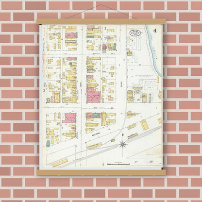 Old map wall art mockup — magnetic wood frame on brick wall — Sanborn Fire Insurance Map from Evart, Osceola County, Michigan (1904), Sheet #0004