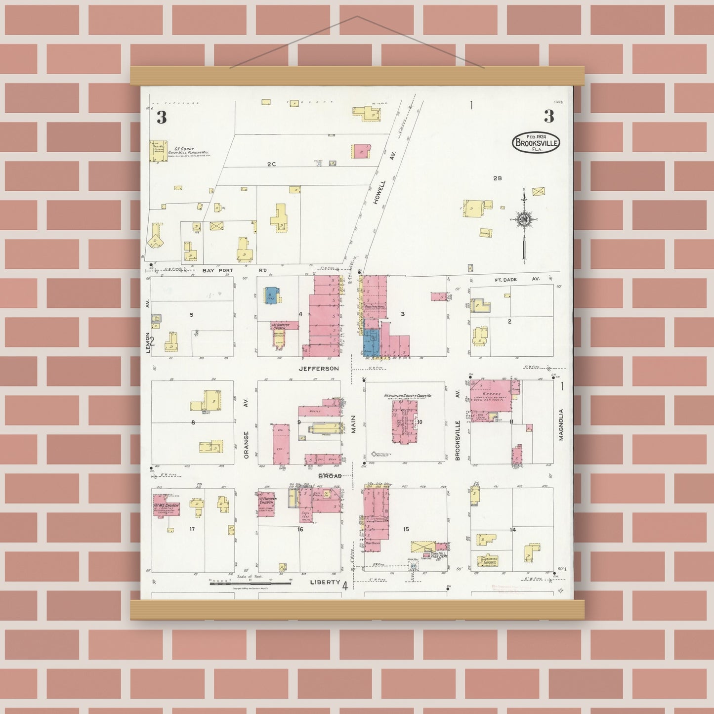 Old map wall art mockup — magnetic wood frame on brick wall — Sanborn Fire Insurance Map from Brooksville, Hernando County, Florida (1924), Sheet #0003