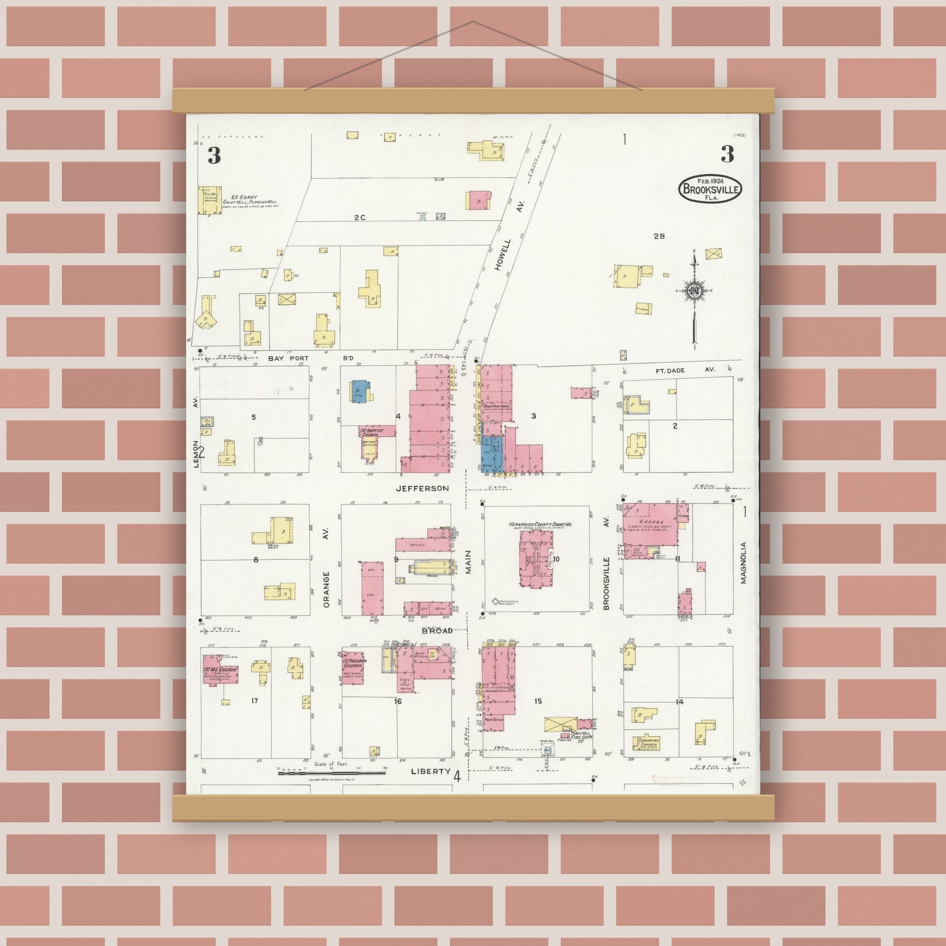Old map wall art mockup — magnetic wood frame on brick wall — Sanborn Fire Insurance Map from Brooksville, Hernando County, Florida (1924), Sheet #0003