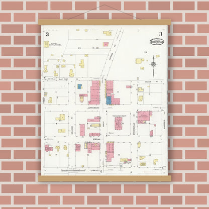 Old map wall art mockup — magnetic wood frame on brick wall — Sanborn Fire Insurance Map from Brooksville, Hernando County, Florida (1924), Sheet #0003