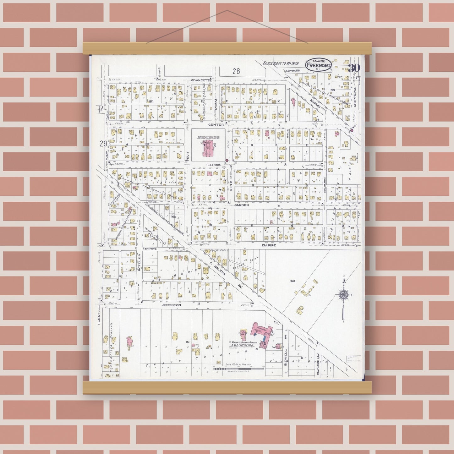 Old map wall art mockup — magnetic wood frame on brick wall — Sanborn Fire Insurance Map from Freeport, Stephenson County, Illinois (1918), Sheet #0030