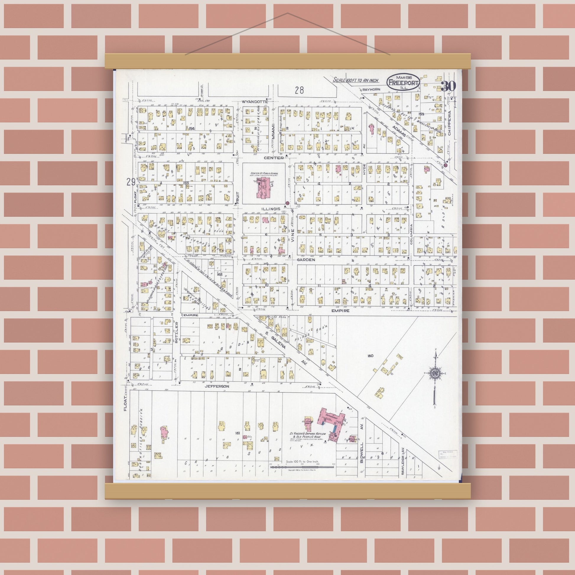Old map wall art mockup — magnetic wood frame on brick wall — Sanborn Fire Insurance Map from Freeport, Stephenson County, Illinois (1918), Sheet #0030