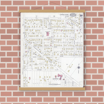 Old map wall art mockup — magnetic wood frame on brick wall — Sanborn Fire Insurance Map from Freeport, Stephenson County, Illinois (1918), Sheet #0030