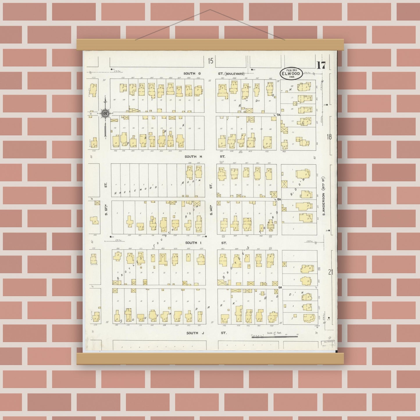 Old map wall art mockup — magnetic wood frame on brick wall — Sanborn Fire Insurance Map from Elwood, Madison County, Indiana (1910), Sheet #0017