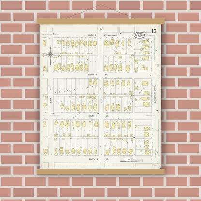 Old map wall art mockup — magnetic wood frame on brick wall — Sanborn Fire Insurance Map from Elwood, Madison County, Indiana (1910), Sheet #0017