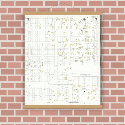 Old map wall art mockup — magnetic wood frame on brick wall — Sanborn Fire Insurance Map from Mount Calm, Hill County, Texas (1937), Sheet #0003