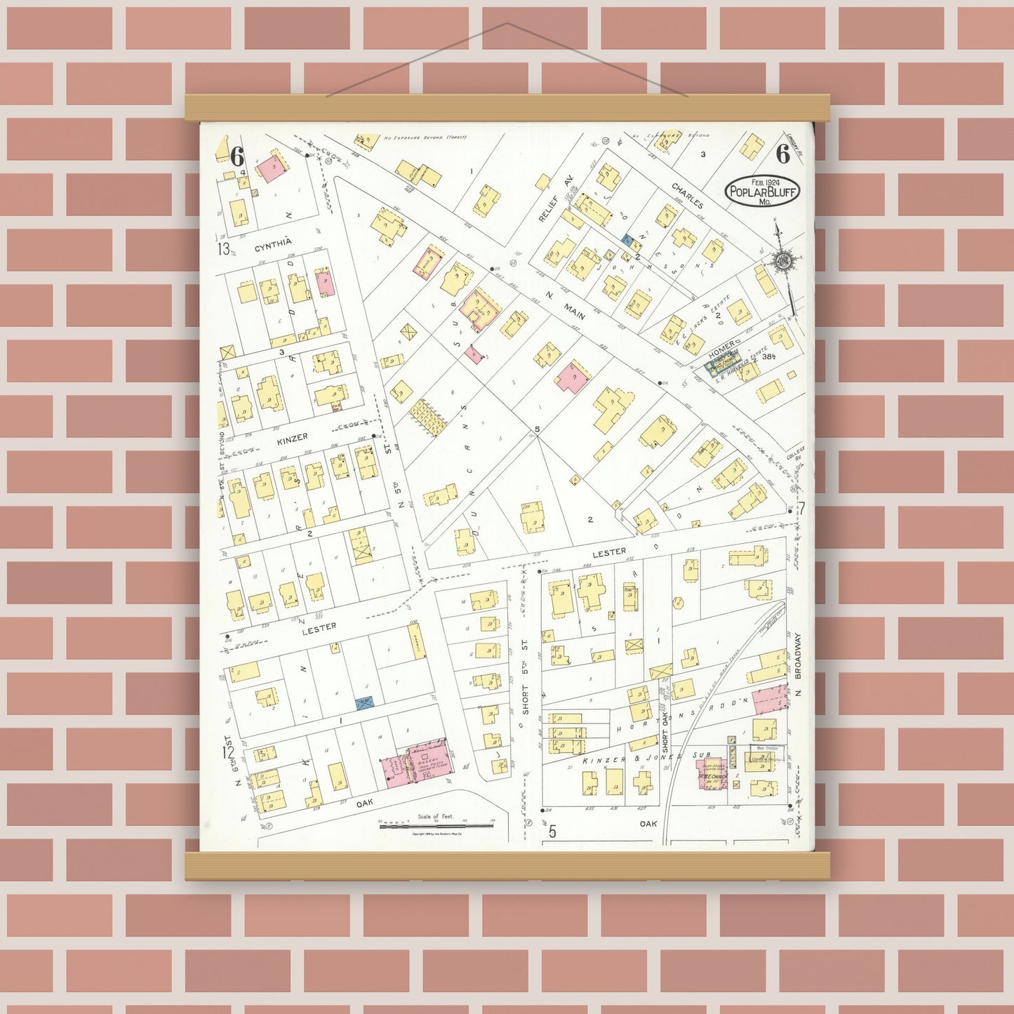 Old map wall art mockup — magnetic wood frame on brick wall — Sanborn Fire Insurance Map from Poplar Bluff, Butler County, Missouri (1924), Sheet #0006