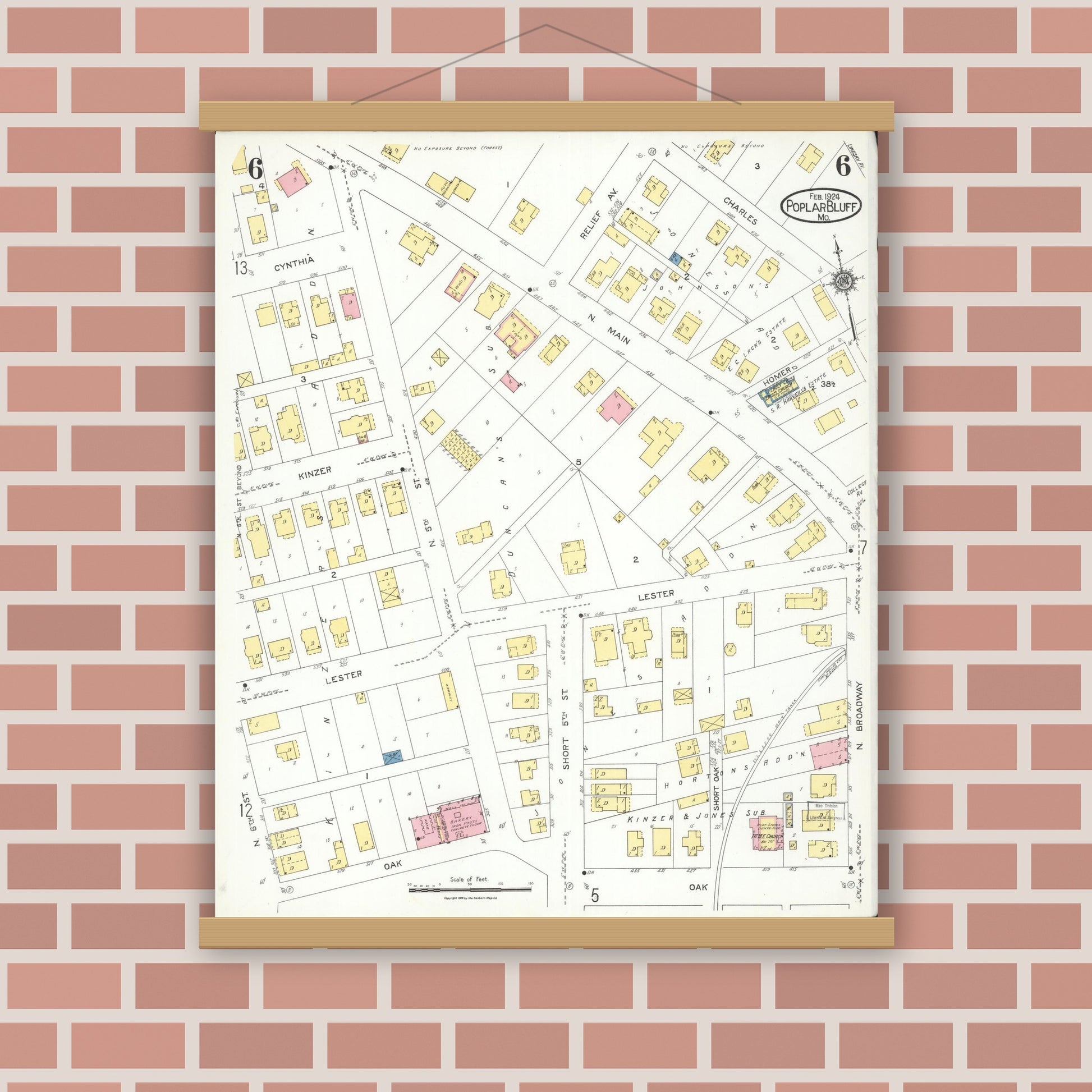 Old map wall art mockup — magnetic wood frame on brick wall — Sanborn Fire Insurance Map from Poplar Bluff, Butler County, Missouri (1924), Sheet #0006