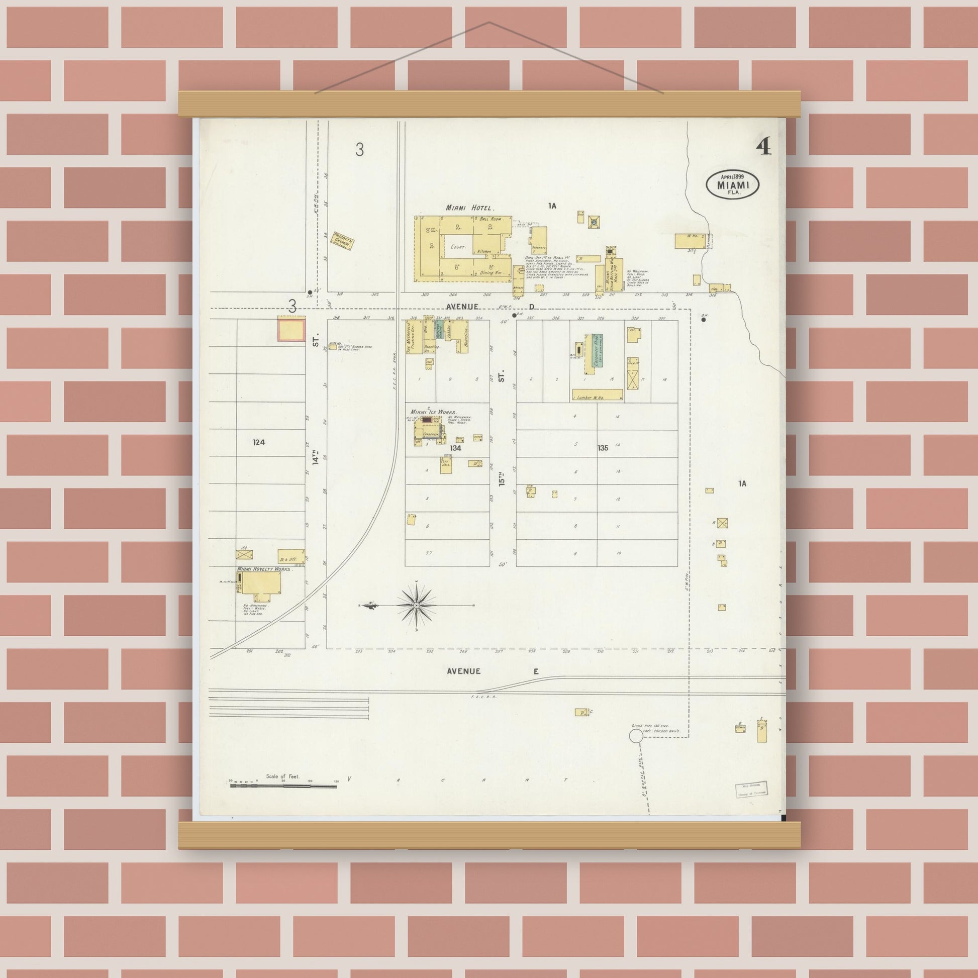 Old map wall art mockup — magnetic wood frame on brick wall — Sanborn Fire Insurance Map from Miami, Dade County, Florida (1899), Sheet #0004