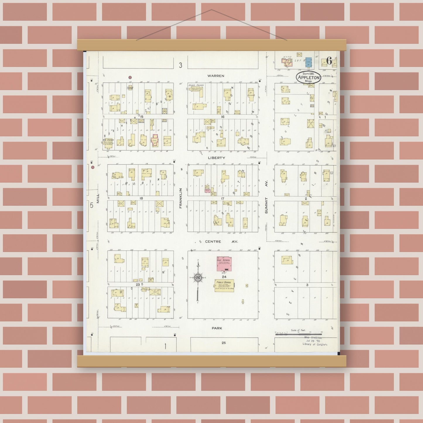 Old map wall art mockup — magnetic wood frame on brick wall — Sanborn Fire Insurance Map from Appleton, Swift County, Minnesota (1915), Sheet #0006