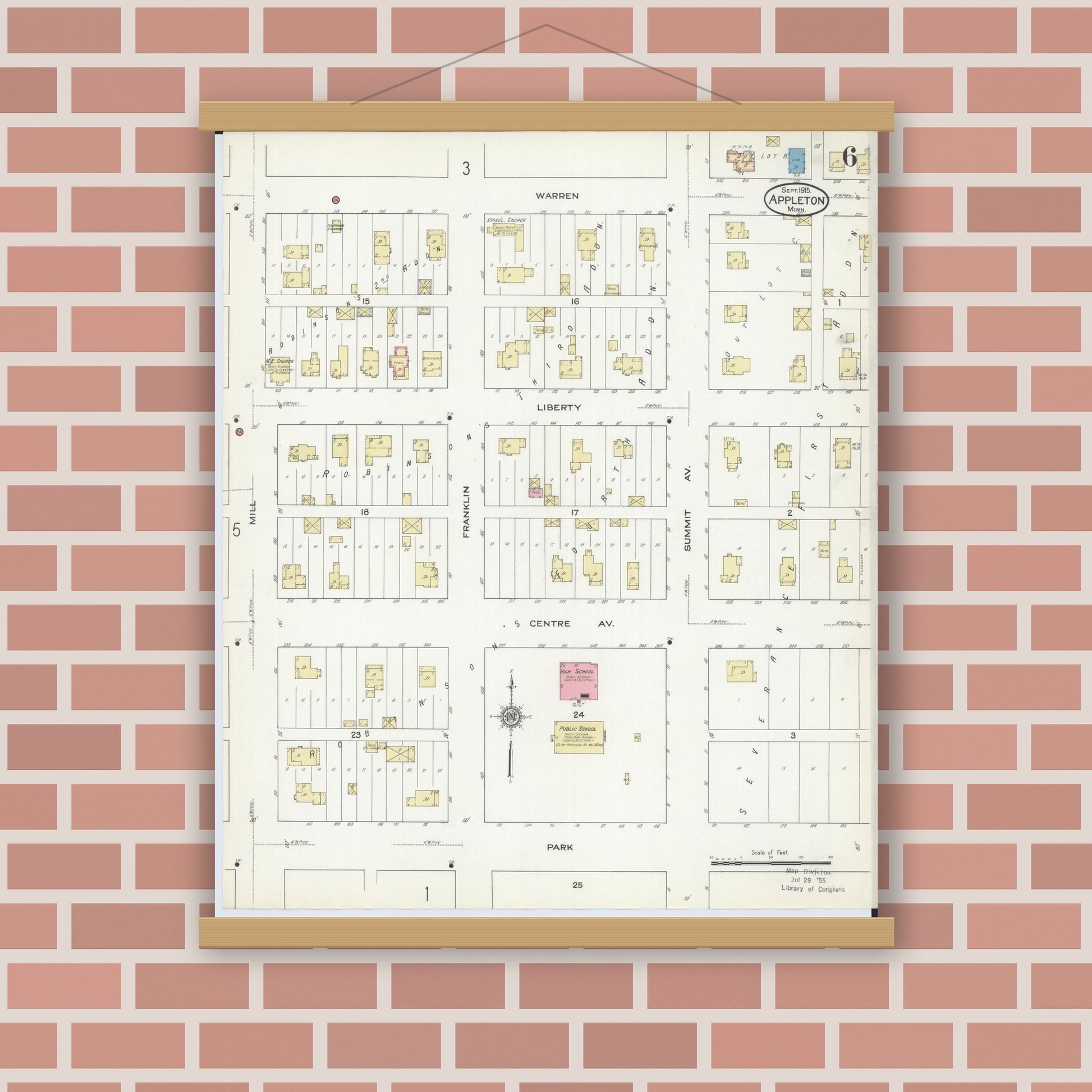Old map wall art mockup — magnetic wood frame on brick wall — Sanborn Fire Insurance Map from Appleton, Swift County, Minnesota (1915), Sheet #0006