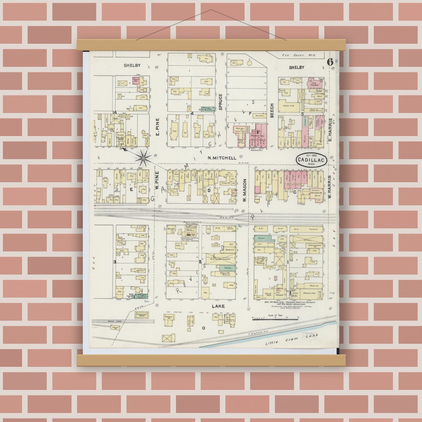 Old map wall art mockup — magnetic wood frame on brick wall — Sanborn Fire Insurance Map from Cadillac, Wexford County, Michigan (1890), Sheet #0006