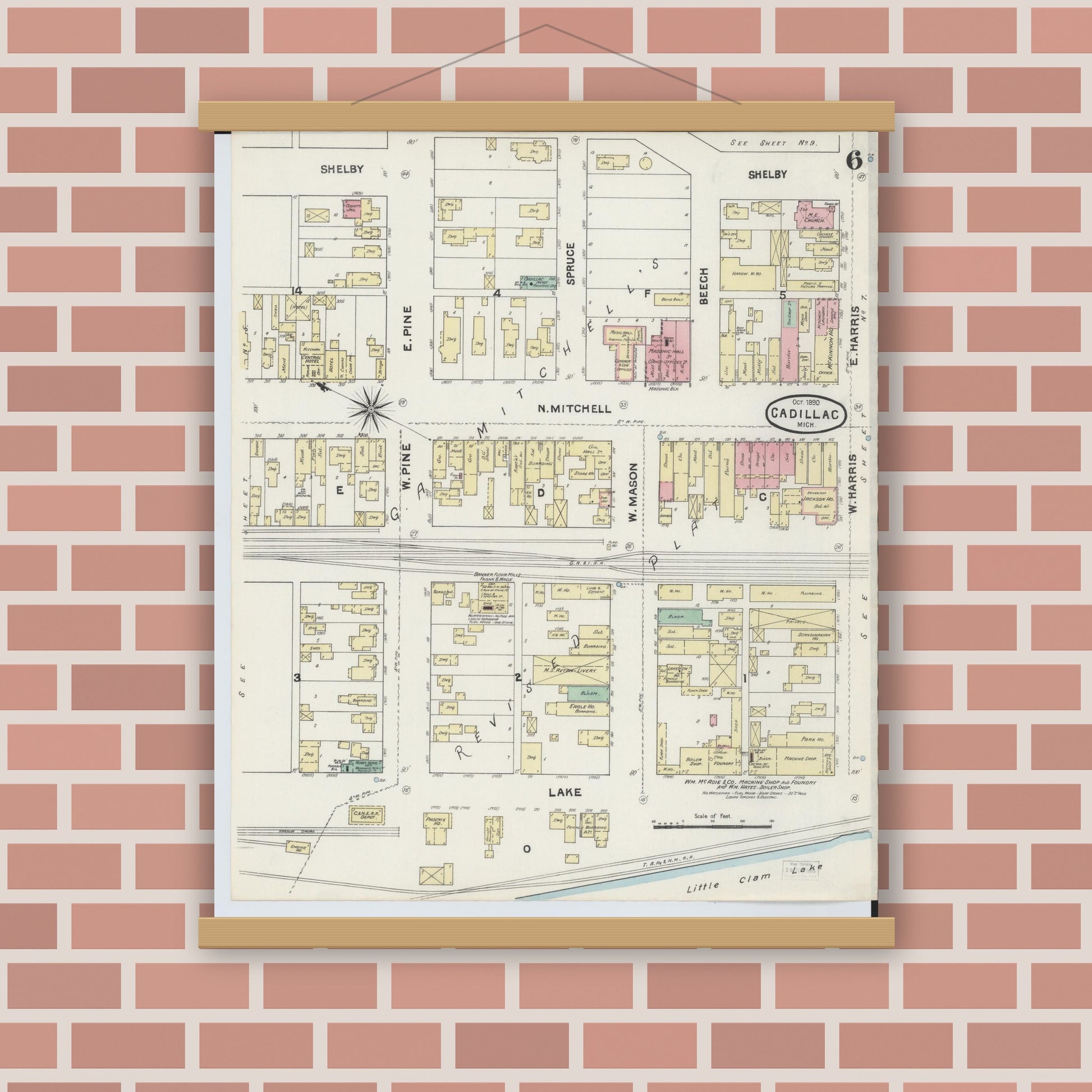 Old map wall art mockup — magnetic wood frame on brick wall — Sanborn Fire Insurance Map from Cadillac, Wexford County, Michigan (1890), Sheet #0006