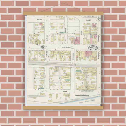 Old map wall art mockup — magnetic wood frame on brick wall — Sanborn Fire Insurance Map from Cadillac, Wexford County, Michigan (1890), Sheet #0006