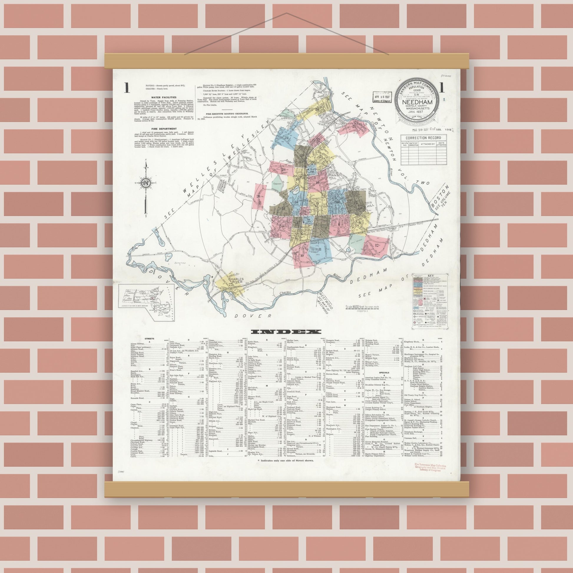 Old map wall art mockup — magnetic wood frame on brick wall — Sanborn Fire Insurance Map from Needham, Norfolk County, Massachusetts (1937), Sheet #0001