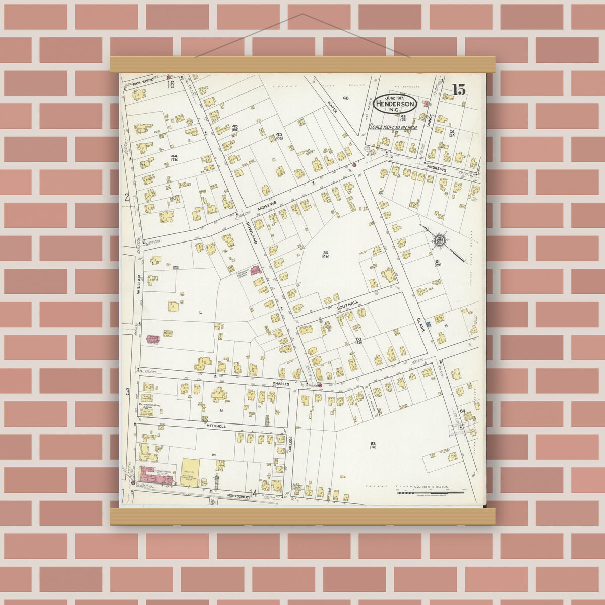 Old map wall art mockup — magnetic wood frame on brick wall — Sanborn Fire Insurance Map from Henderson, Vance County, North Carolina (1917), Sheet #0015