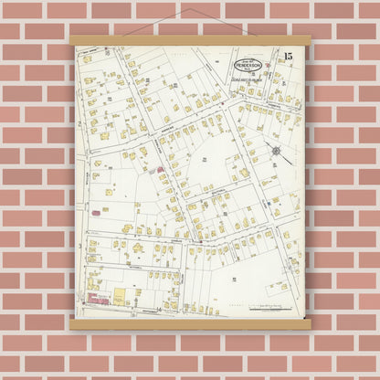 Old map wall art mockup — magnetic wood frame on brick wall — Sanborn Fire Insurance Map from Henderson, Vance County, North Carolina (1917), Sheet #0015