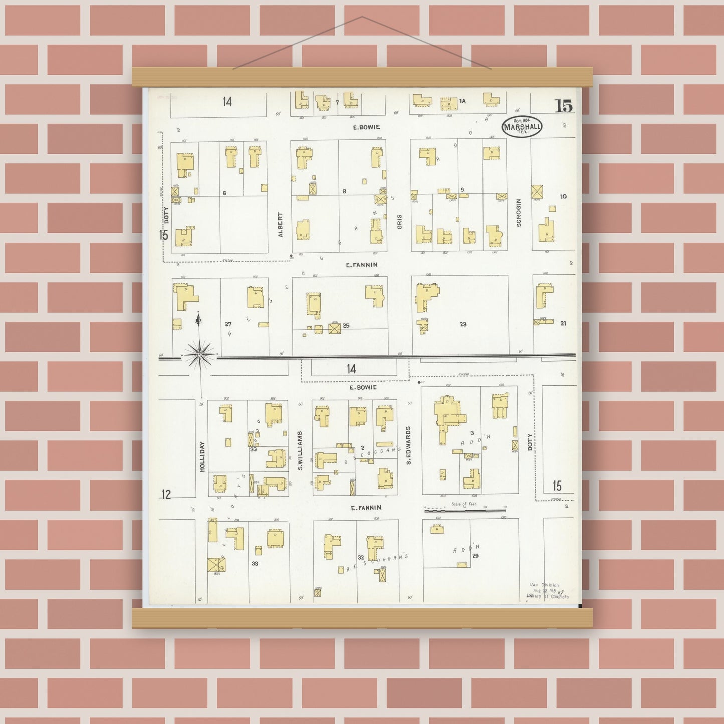 Old map wall art mockup — magnetic wood frame on brick wall — Sanborn Fire Insurance Map from Marshall, Harrison County, Texas (1904), Sheet #0015