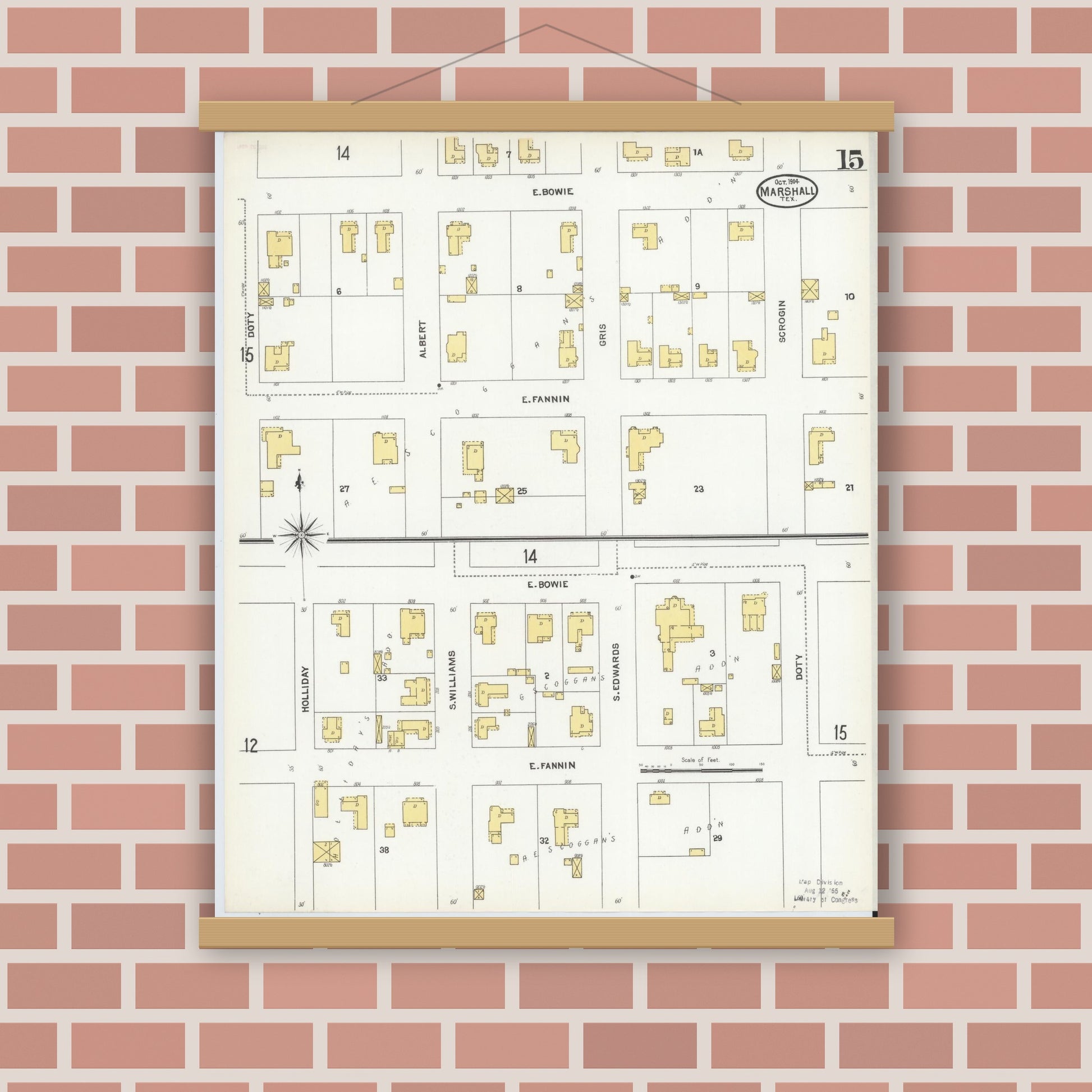 Old map wall art mockup — magnetic wood frame on brick wall — Sanborn Fire Insurance Map from Marshall, Harrison County, Texas (1904), Sheet #0015
