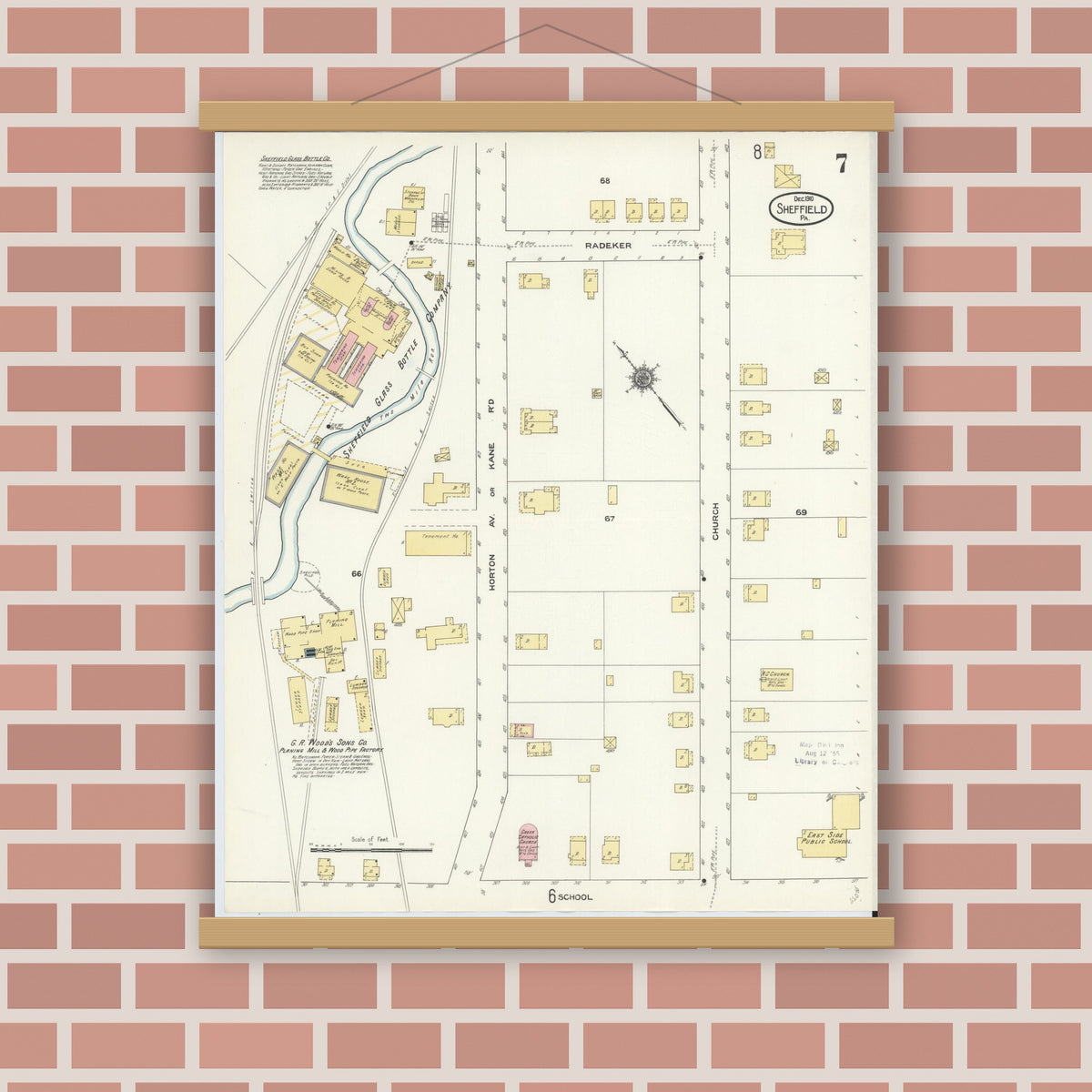Old map wall art mockup — magnetic wood frame on brick wall — Sanborn Fire Insurance Map from Sheffield, Warren County, Pennsylvania (1910), Sheet #0007