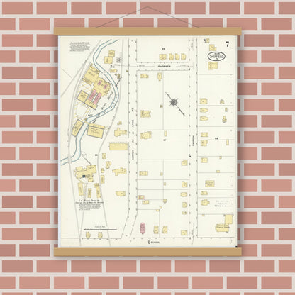Old map wall art mockup — magnetic wood frame on brick wall — Sanborn Fire Insurance Map from Sheffield, Warren County, Pennsylvania (1910), Sheet #0007