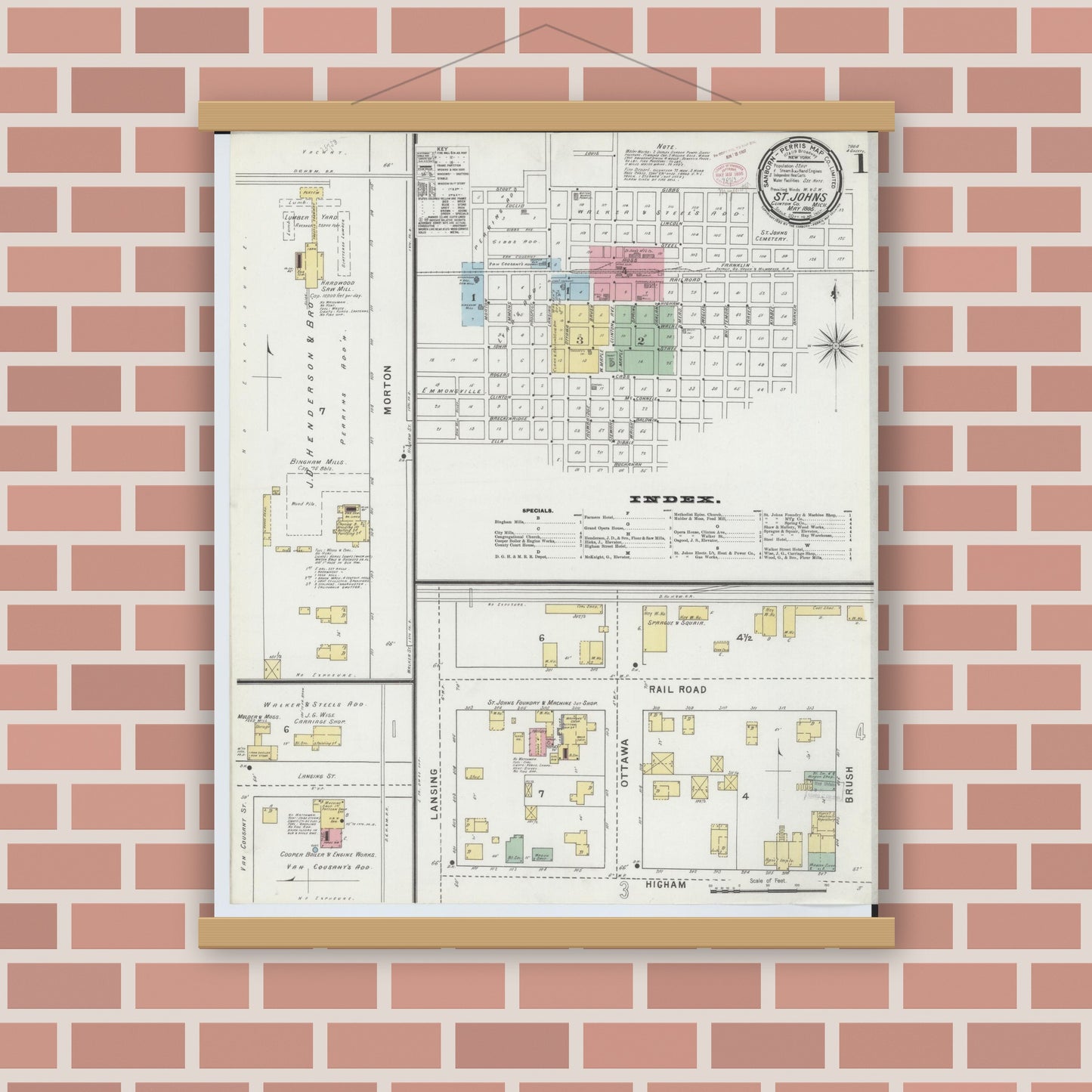 Old map wall art mockup — magnetic wood frame on brick wall — Sanborn Fire Insurance Map from Saint Johns, Clinton County, Michigan (1895) - Complete Map Set