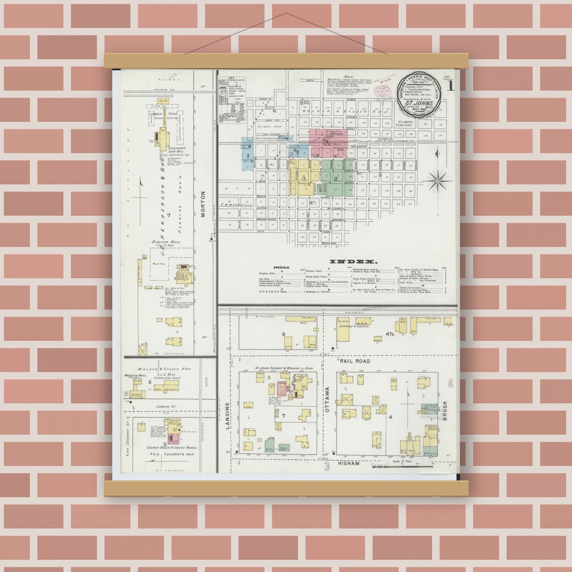 Old map wall art mockup — magnetic wood frame on brick wall — Sanborn Fire Insurance Map from Saint Johns, Clinton County, Michigan (1895) - Complete Map Set