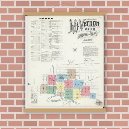 Old map wall art mockup — magnetic wood frame on brick wall — Sanborn Fire Insurance Map from Mount Vernon, Knox County, Ohio (1897), Sheet #0001
