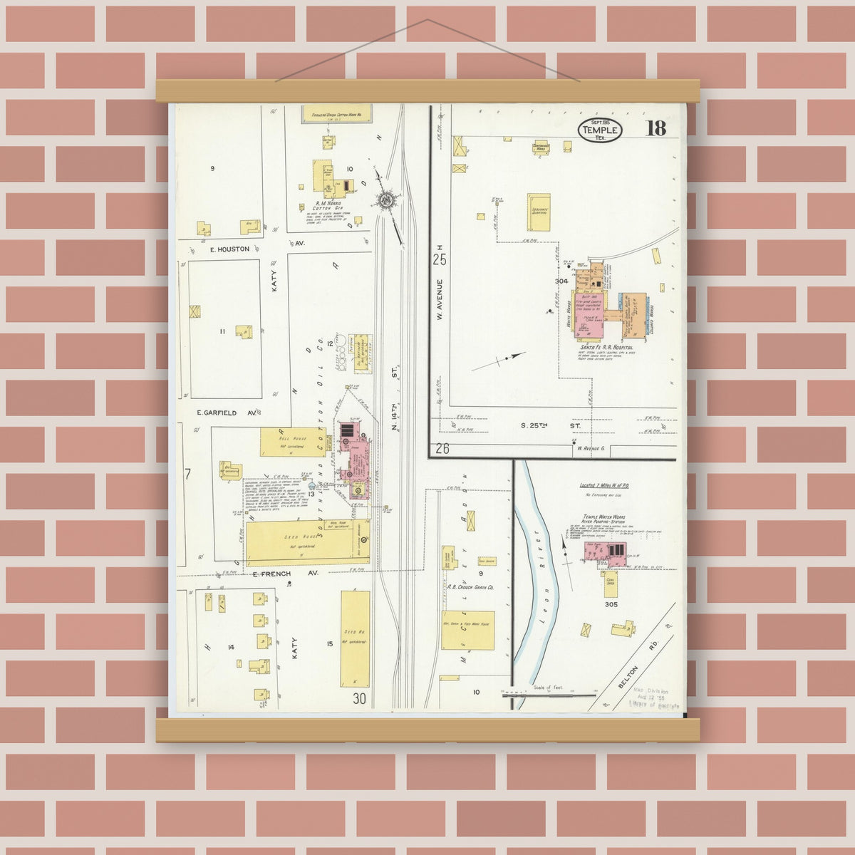 Old map wall art mockup — magnetic wood frame on brick wall — Sanborn Fire Insurance Map from Temple, Bell County, Texas (1915), Sheet #0018
