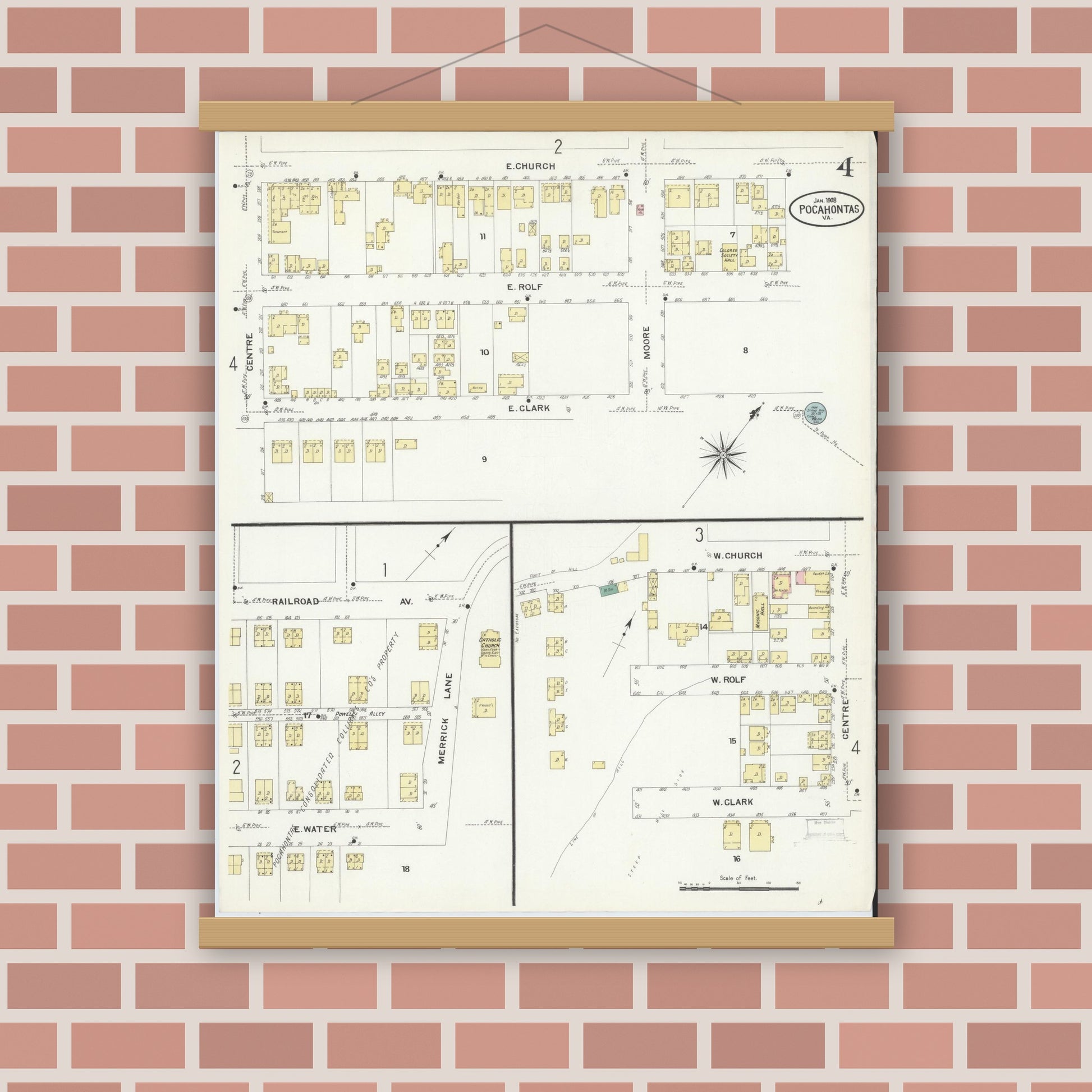 Old map wall art mockup — magnetic wood frame on brick wall — Sanborn Fire Insurance Map from Pocahontas, Tazewell County, Virginia (1908), Sheet #0004