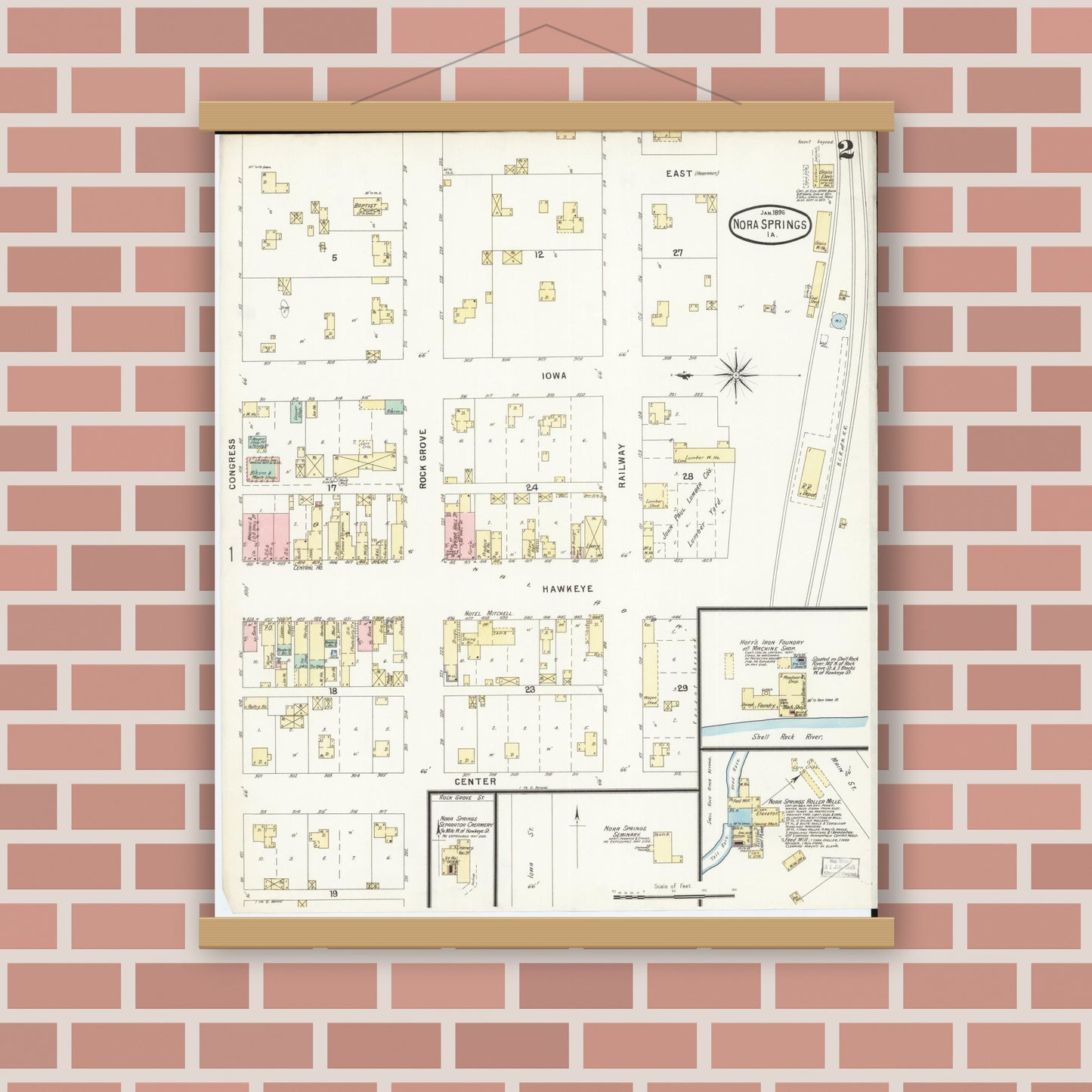 Old map wall art mockup — magnetic wood frame on brick wall — Sanborn Fire Insurance Map from Nora Springs, Floyd County, Iowa (1896), Sheet #0002