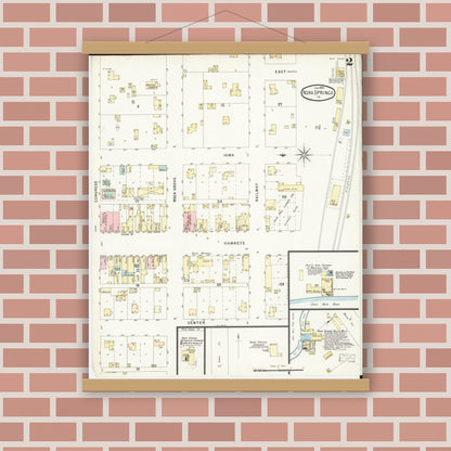 Old map wall art mockup — magnetic wood frame on brick wall — Sanborn Fire Insurance Map from Nora Springs, Floyd County, Iowa (1896), Sheet #0002