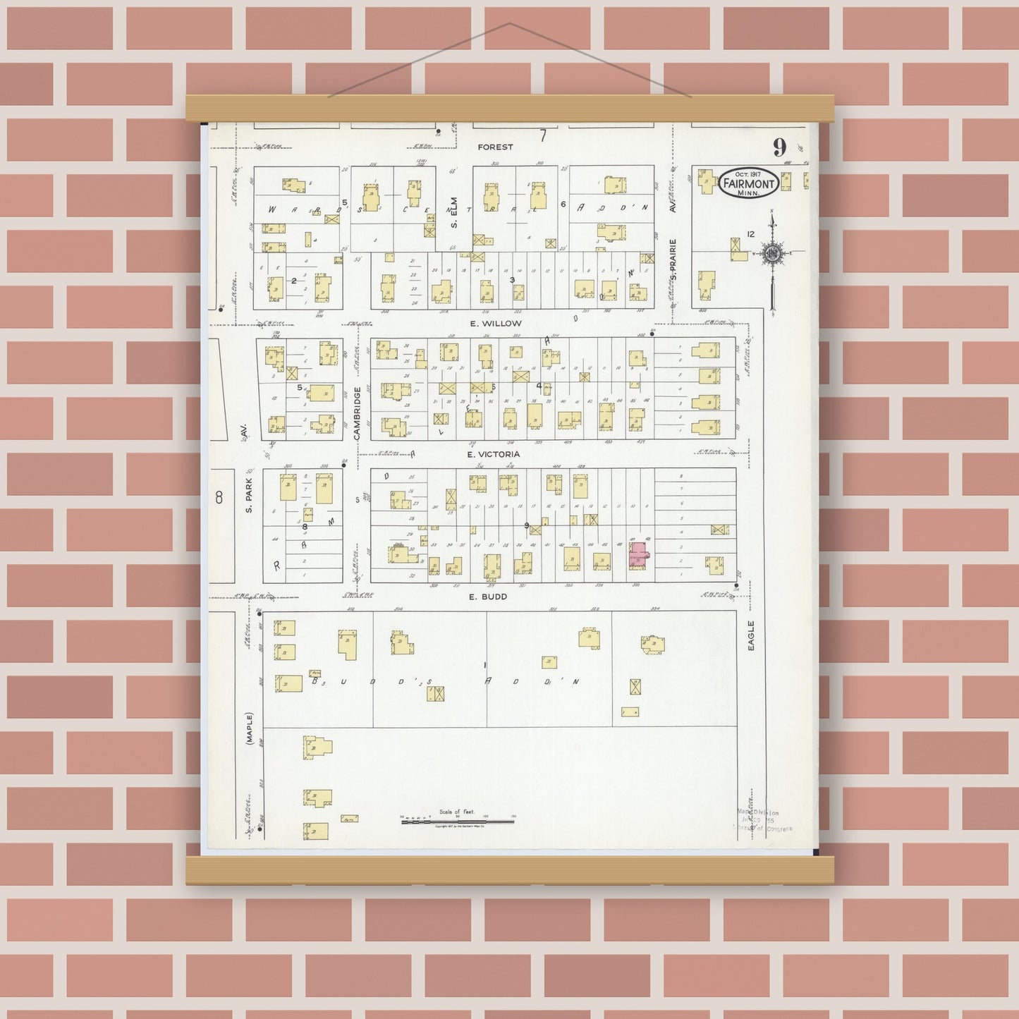 Old map wall art mockup — magnetic wood frame on brick wall — Sanborn Fire Insurance Map from Fairmont, Martin County, Minnesota (1917), Sheet #0009