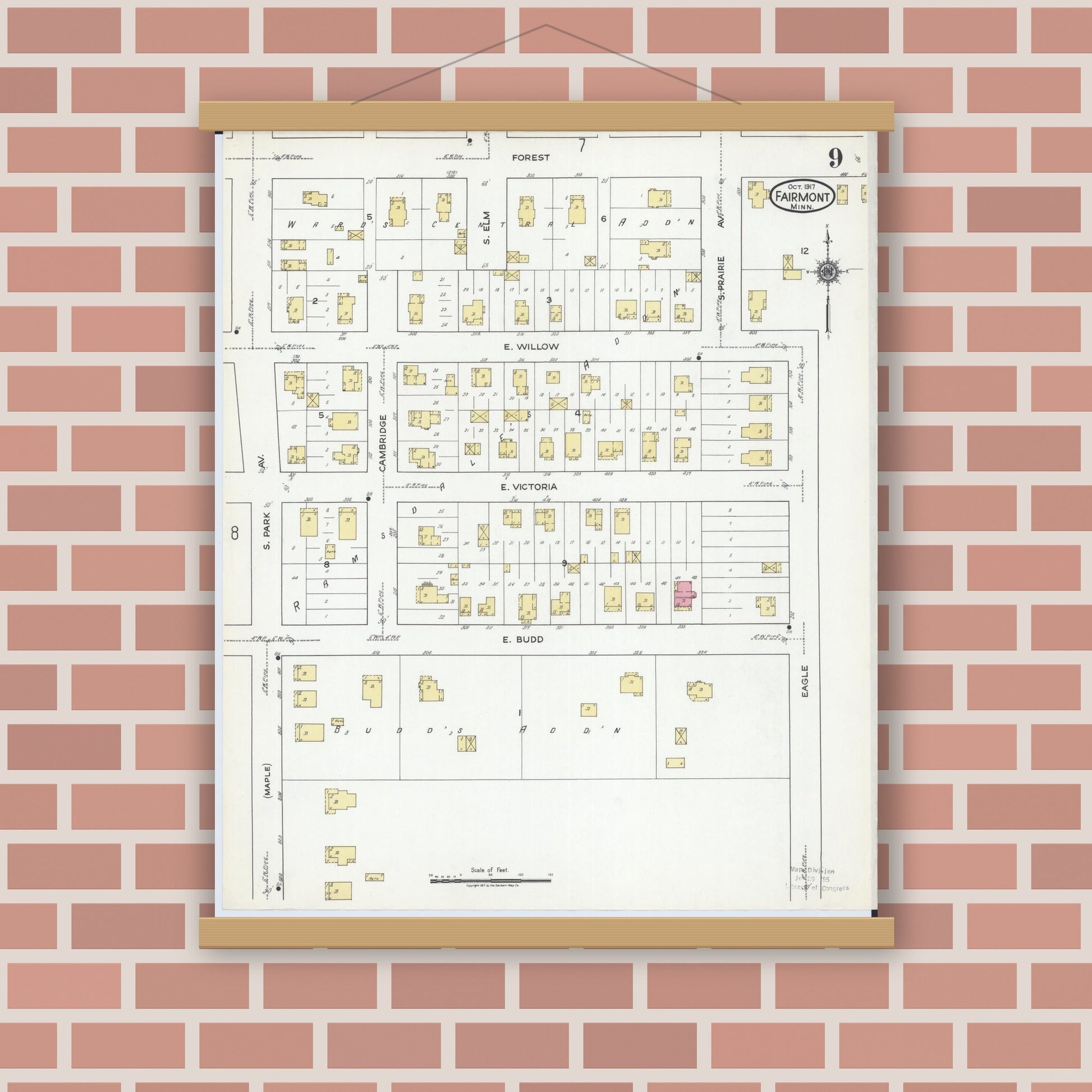 Old map wall art mockup — magnetic wood frame on brick wall — Sanborn Fire Insurance Map from Fairmont, Martin County, Minnesota (1917), Sheet #0009