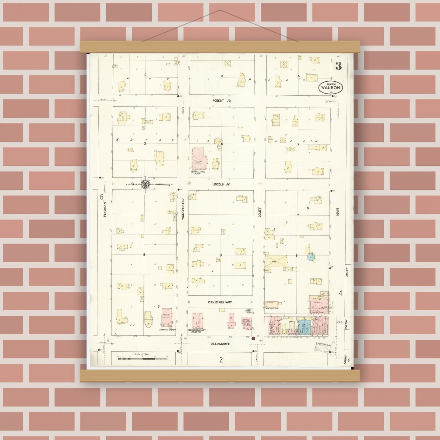 Old map wall art mockup — magnetic wood frame on brick wall — Sanborn Fire Insurance Map from Waukon, Allamakee County, Iowa (1913), Sheet #0003