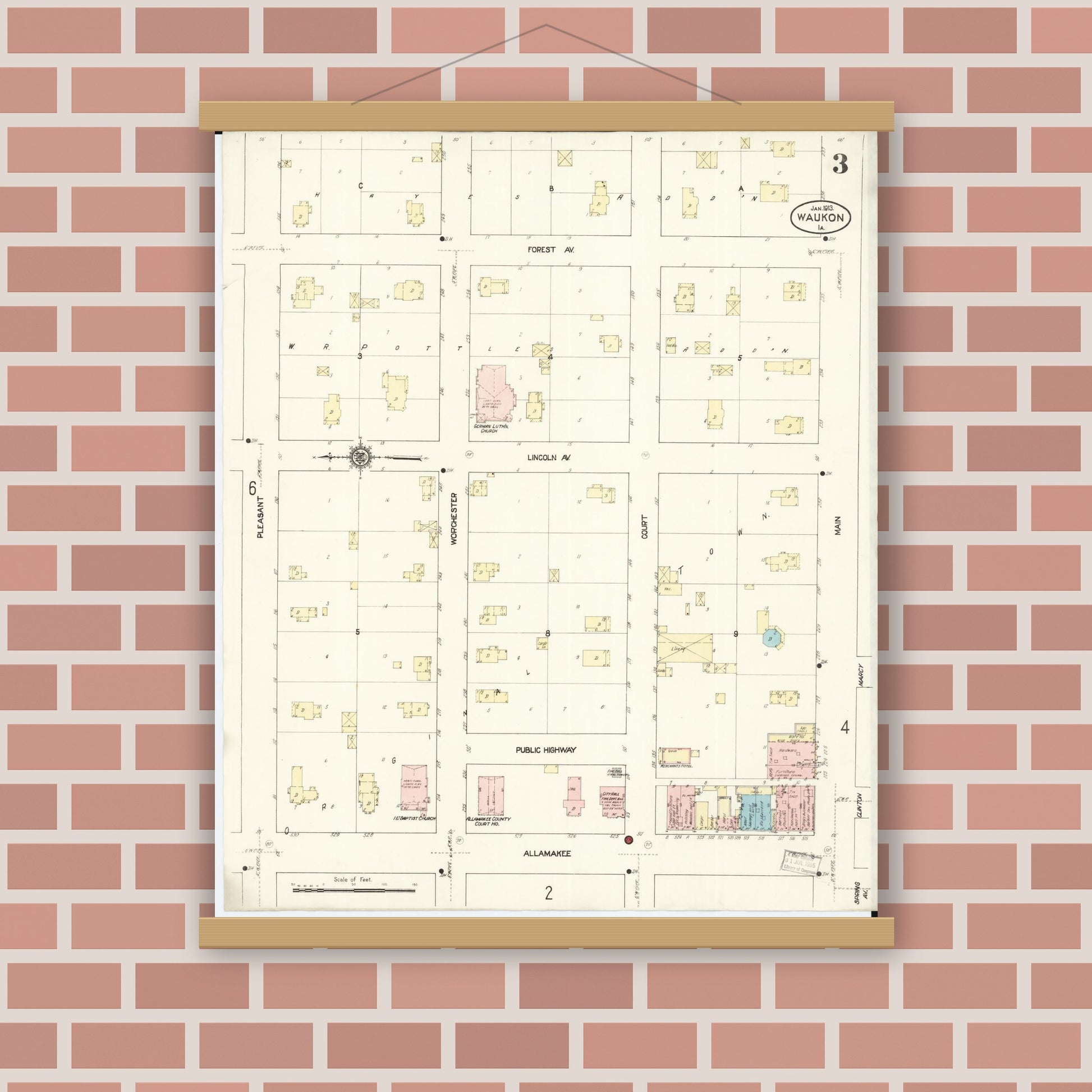 Old map wall art mockup — magnetic wood frame on brick wall — Sanborn Fire Insurance Map from Waukon, Allamakee County, Iowa (1913), Sheet #0003