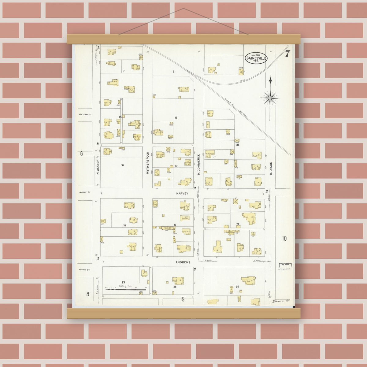 Old map wall art mockup — magnetic wood frame on brick wall — Sanborn Fire Insurance Map from Gainesville, Cooke County, Texas (1908), Sheet #0007